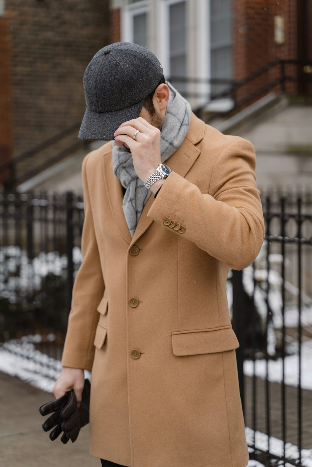 Model in a camel wool overcoat — apparel campaign photography
