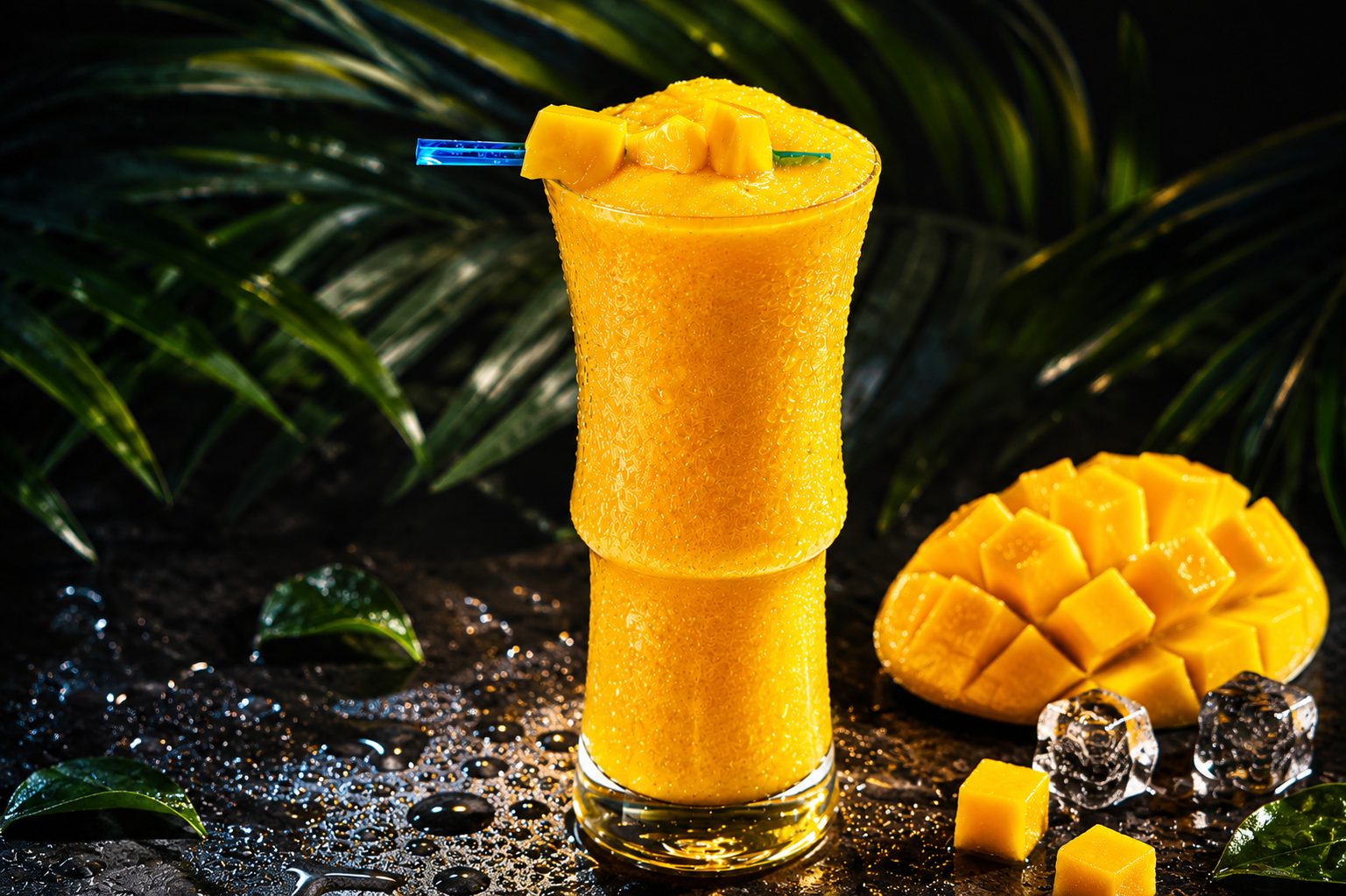 Mango drink with fresh garnish — beverage photography