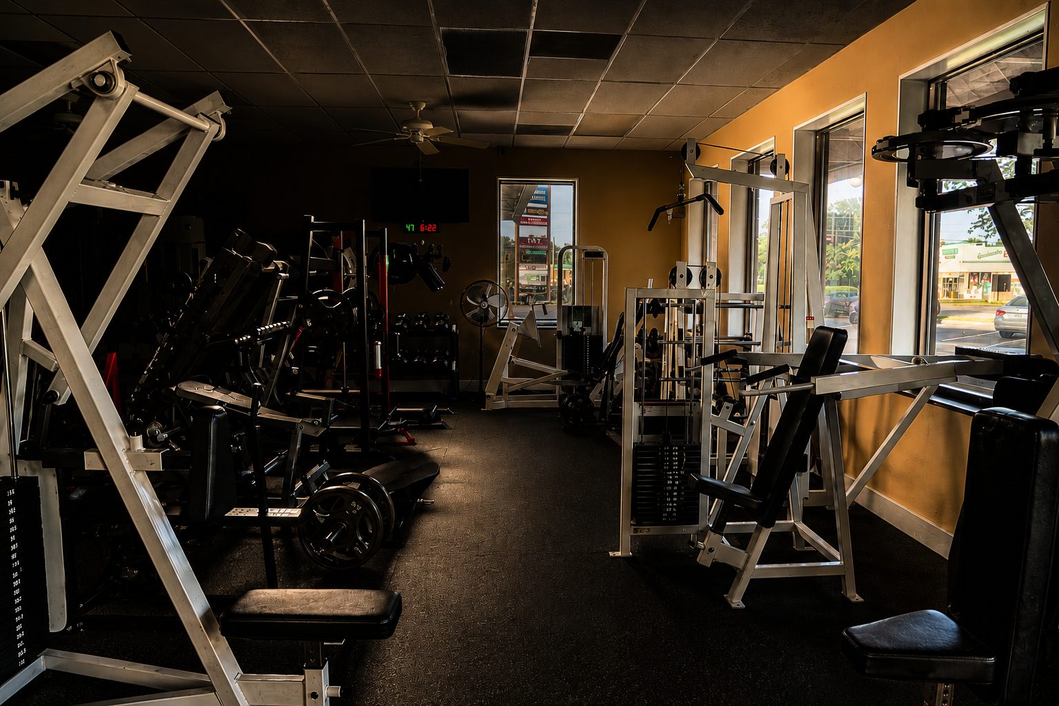Resistance machines lined along the floor — fitness photography