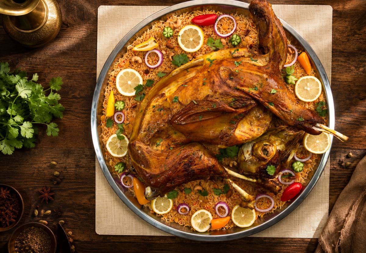 Lamb haneeth platter shot top-down — restaurant menu photography