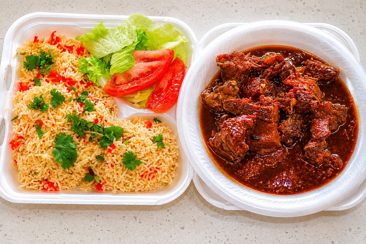 Plated lamb curry with rice — food photography